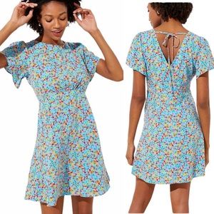 NWT LOFT Floral Dress Flutter Sleeves V Back Light Blue